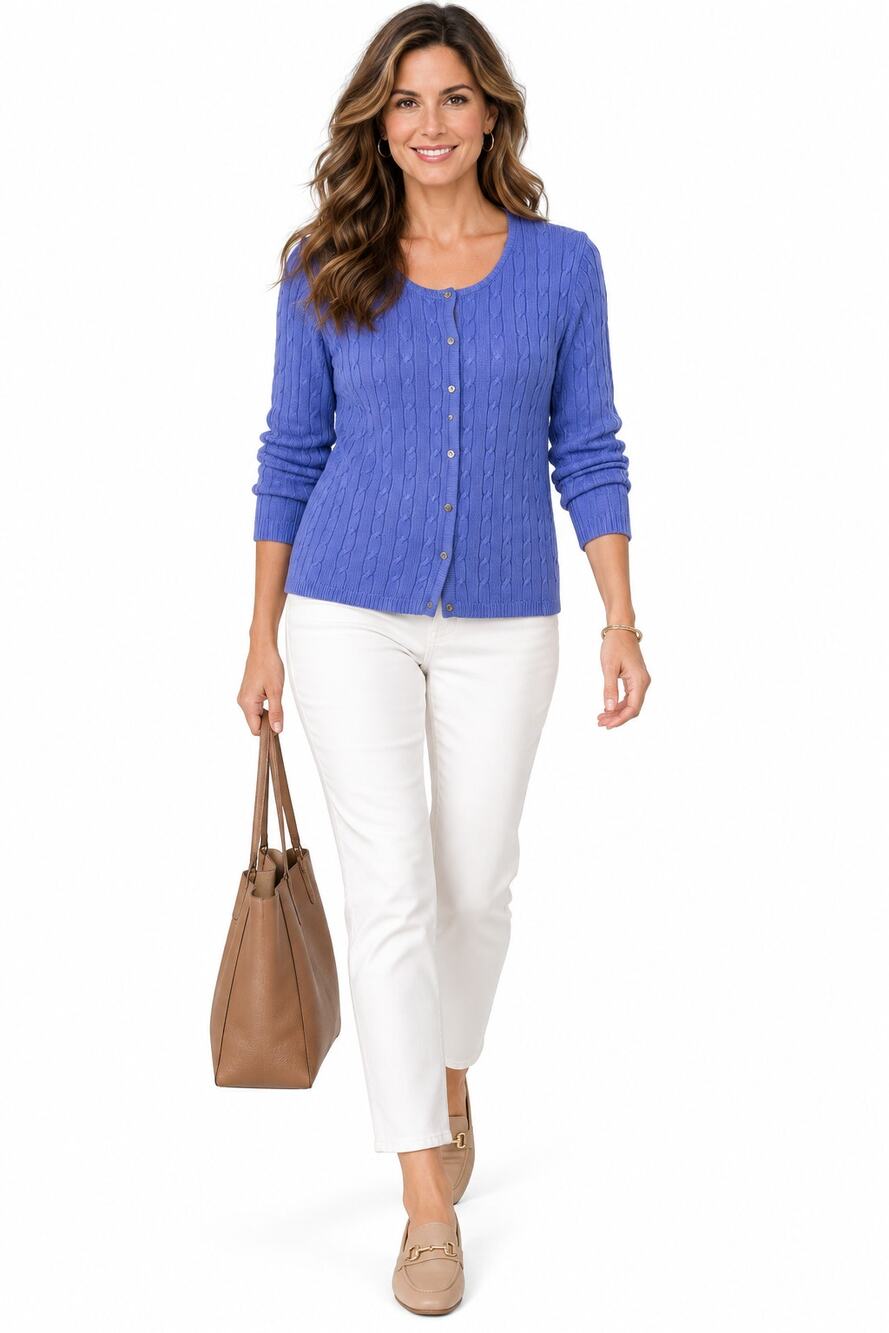 LR460 Pierre Cardin Blue Cable Knit Button Front Cardigan Sweater Womens
